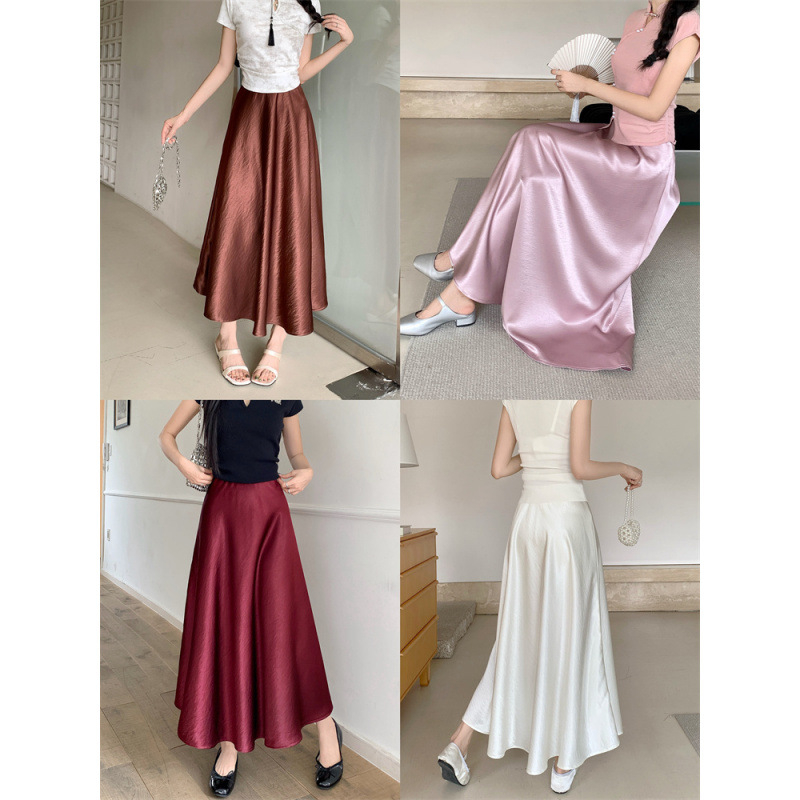 Acetát szatén hosszú szoknya, magas derék, A-vonal, japán-koreai lazább stílus, nyár 2025