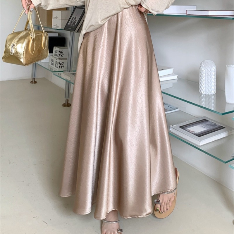 Acetát szatén hosszú szoknya, magas derék, A-vonal, japán-koreai lazább stílus, nyár 2025
