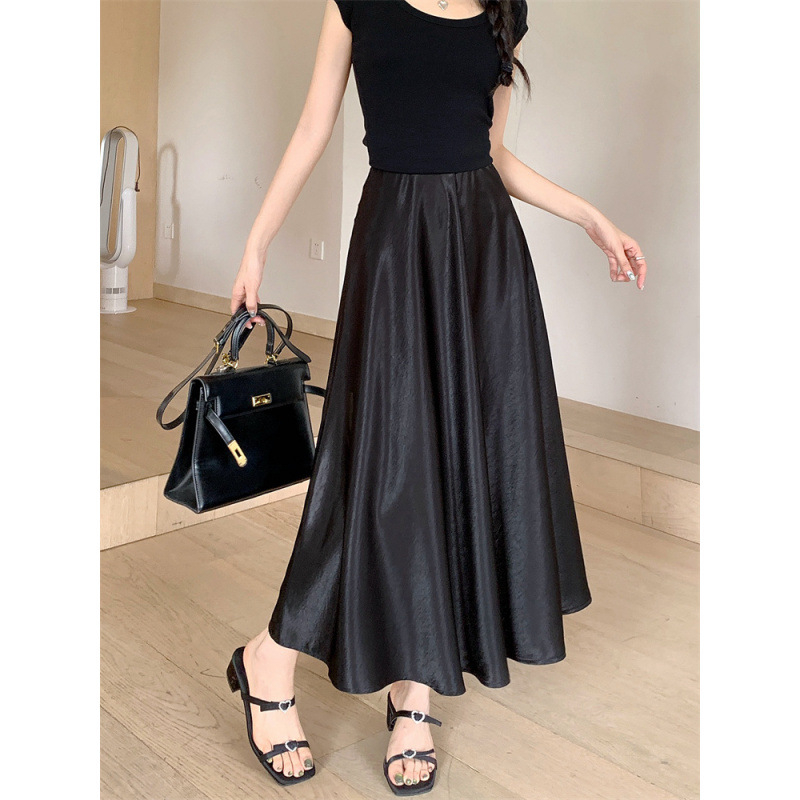 Acetát szatén hosszú szoknya, magas derék, A-vonal, japán-koreai lazább stílus, nyár 2025