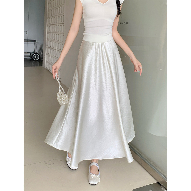 Acetát szatén hosszú szoknya, magas derék, A-vonal, japán-koreai lazább stílus, nyár 2025