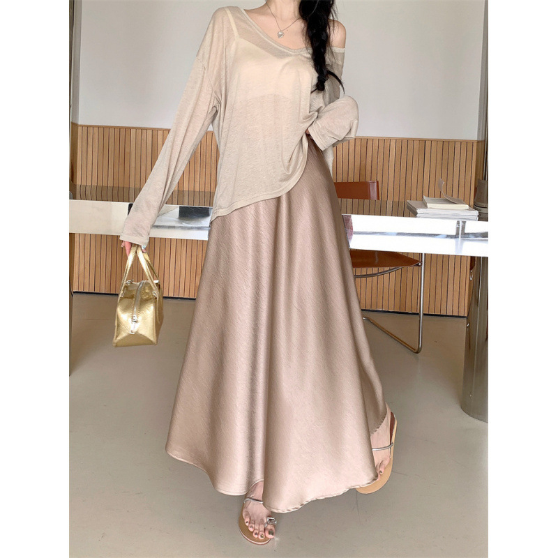 Acetát szatén hosszú szoknya, magas derék, A-vonal, japán-koreai lazább stílus, nyár 2025