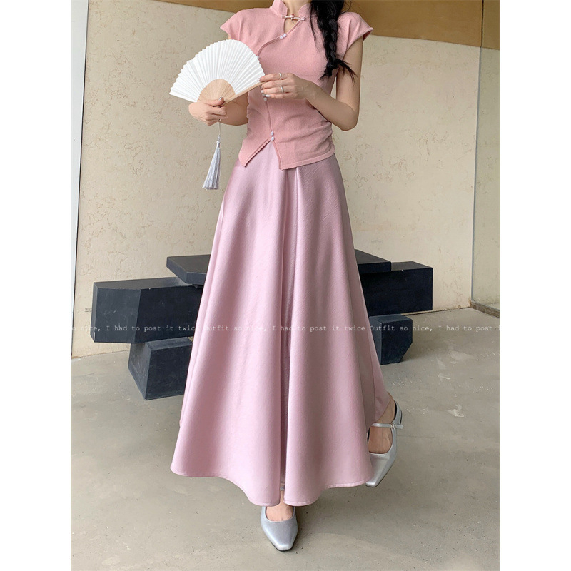 Acetát szatén hosszú szoknya, magas derék, A-vonal, japán-koreai lazább stílus, nyár 2025
