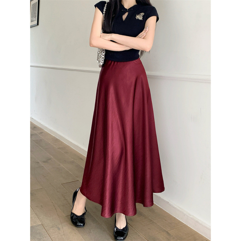 Acetát szatén hosszú szoknya, magas derék, A-vonal, japán-koreai lazább stílus, nyár 2025