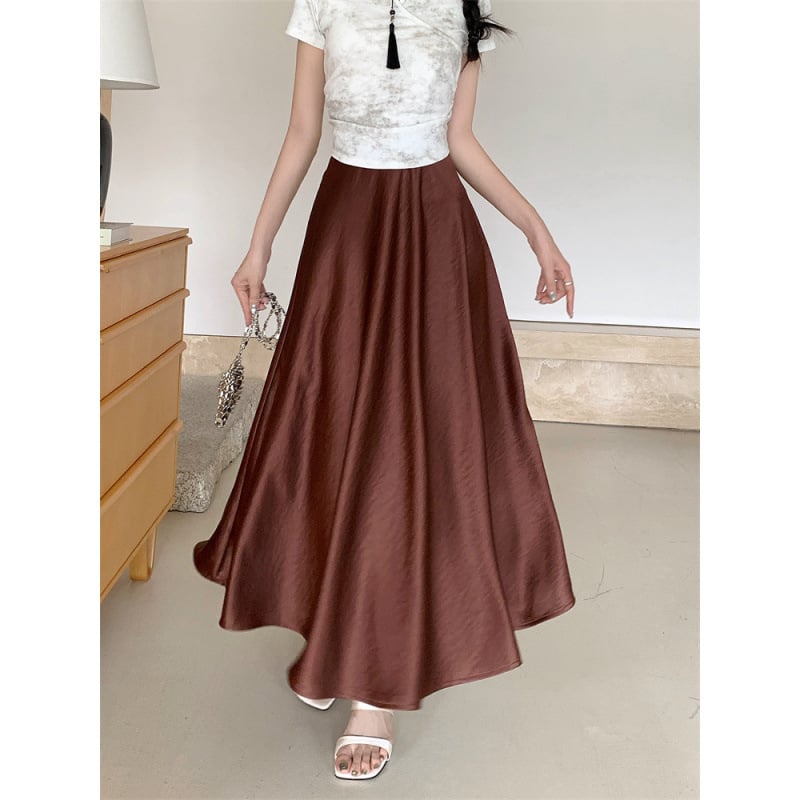 Acetát szatén hosszú szoknya, magas derék, A-vonal, japán-koreai lazább stílus, nyár 2025