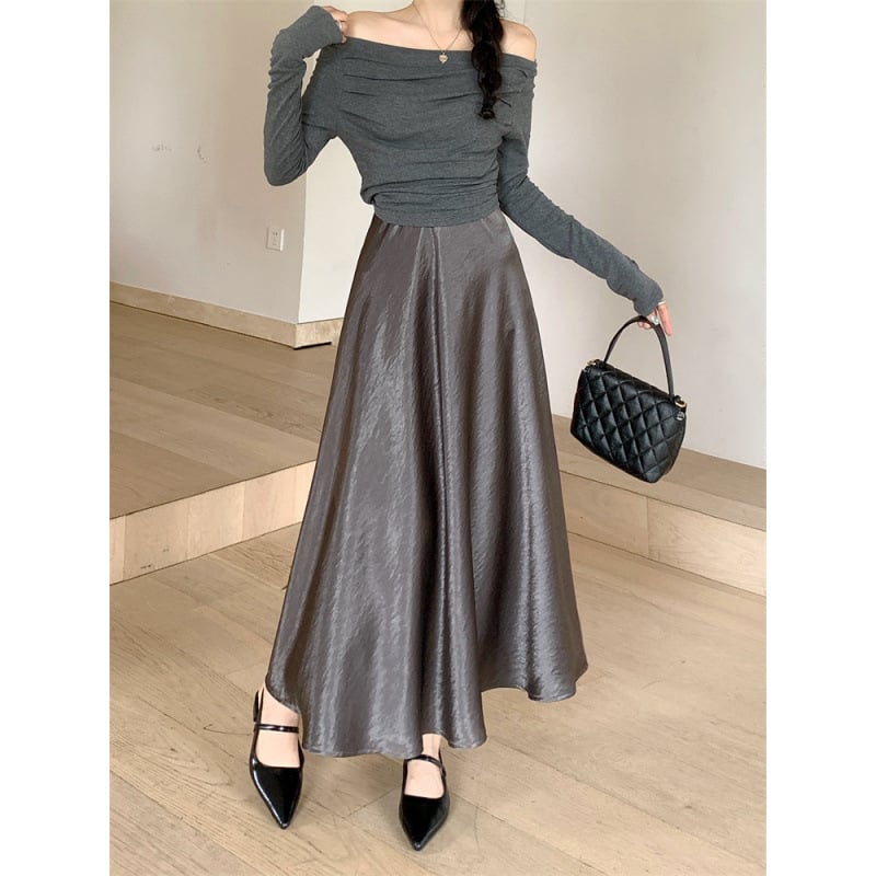 Acetát szatén hosszú szoknya, magas derék, A-vonal, japán-koreai lazább stílus, nyár 2025