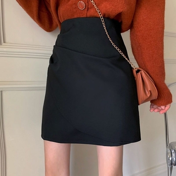 А-линия пола с асиметричен ръб, висока талия за стройна визия, полиестер-вълнена смес, Mercerized завършек