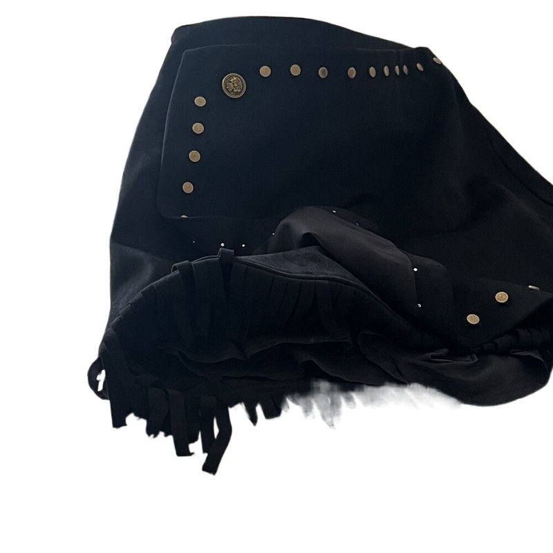 Rövid velúr A-vonalú szoknya bojtokkal és szegecsekkel, magas derék