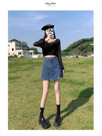 Magas derekú farmer miniszoknya, A-vonal, mosott denim, 2025 nyár, japán-koreai casual stílus