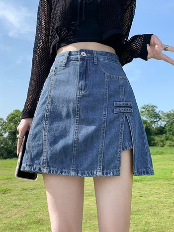 Magas derekú farmer miniszoknya, A-vonal, mosott denim, 2025 nyár, japán-koreai casual stílus