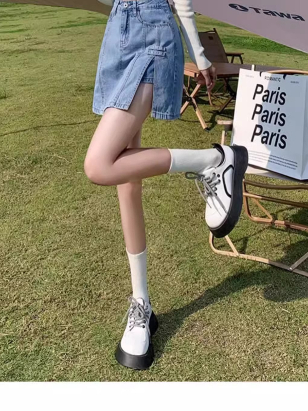 Magas derekú farmer miniszoknya, A-vonal, mosott denim, 2025 nyár, japán-koreai casual stílus