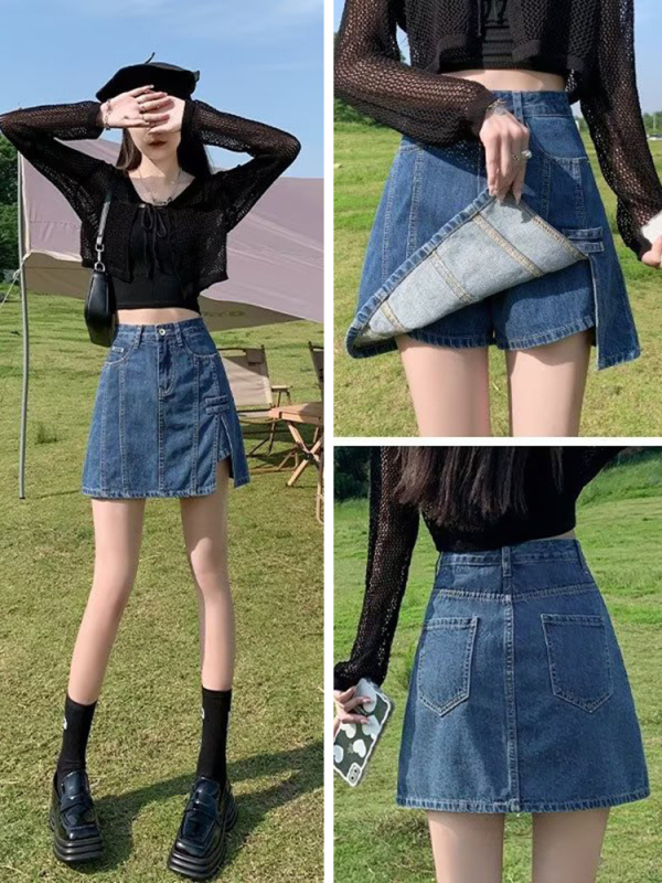 Magas derekú farmer miniszoknya, A-vonal, mosott denim, 2025 nyár, japán-koreai casual stílus