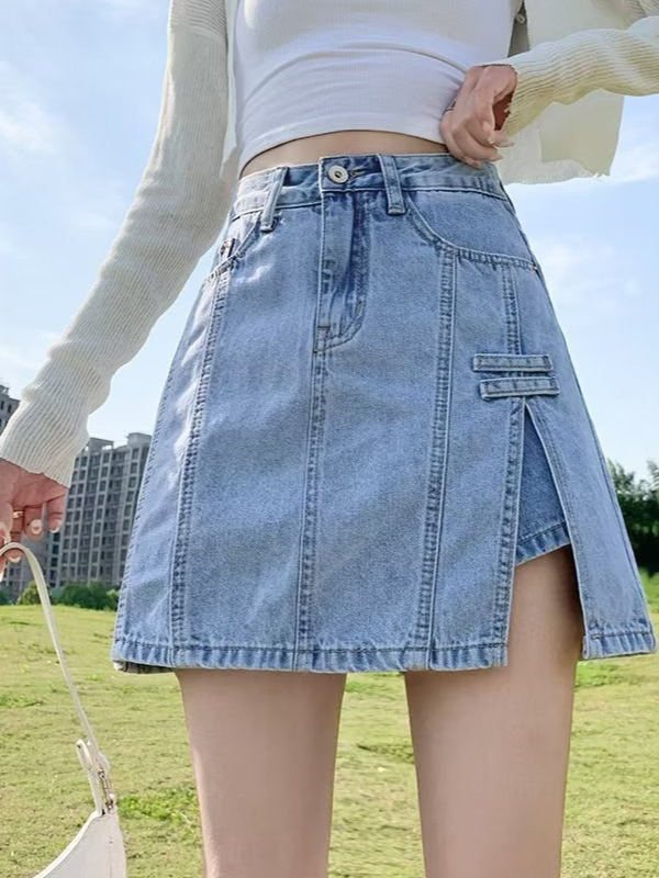 Magas derekú farmer miniszoknya, A-vonal, mosott denim, 2025 nyár, japán-koreai casual stílus