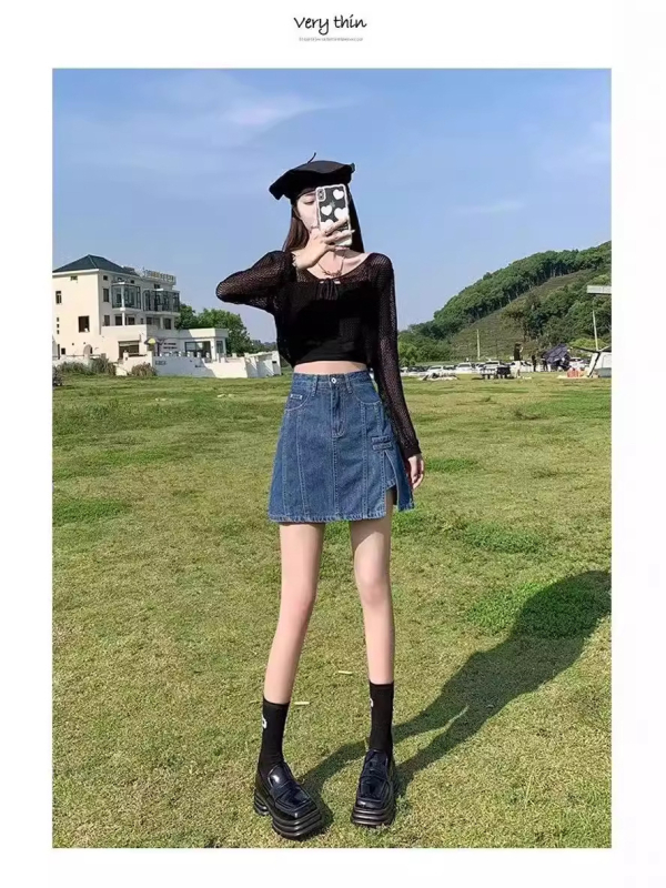 Magas derekú farmer miniszoknya, A-vonal, mosott denim, 2025 nyár, japán-koreai casual stílus