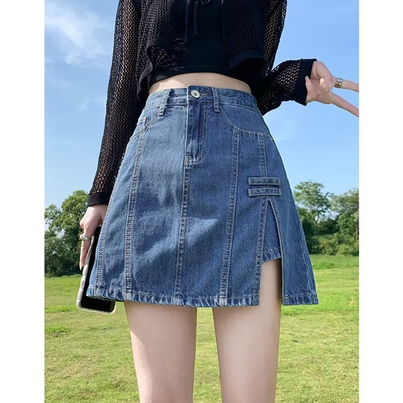 Magas derekú farmer miniszoknya, A-vonal, mosott denim, 2025 nyár, japán-koreai casual stílus