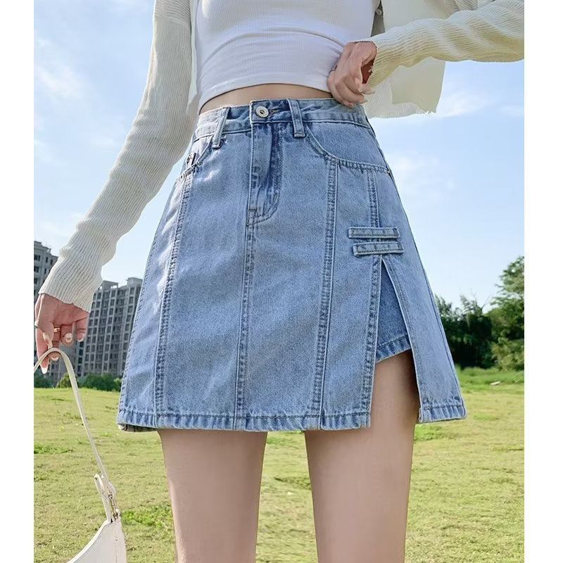 Magas derekú farmer miniszoknya, A-vonal, mosott denim, 2025 nyár, japán-koreai casual stílus