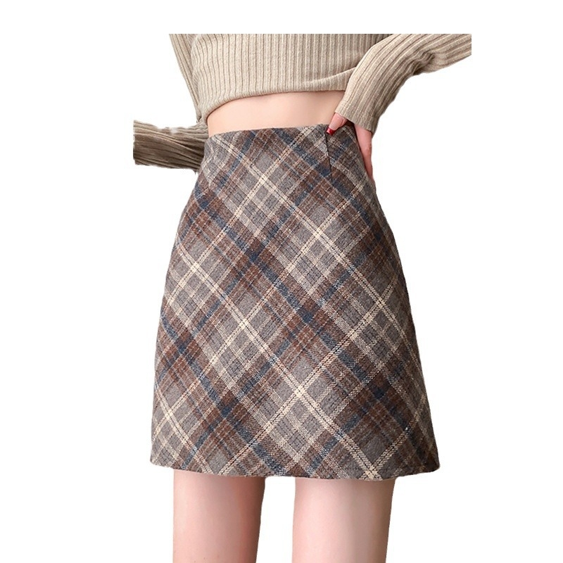 Μαλλί καρό κοντή φούστα με εφαρμοστό μέση – σχέδιο ριγές/πλέγμα, μίξη πολυεστέρα-βισκόζη (70–80% πολυεστέρα, <30% βισκόζη)