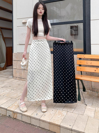 Γυναικεία φούστα με πουά, ίσια γραμμή, ελαστική μέση, μεσαίου μήκους, πολυεστέρας με μικροελαστικότητα