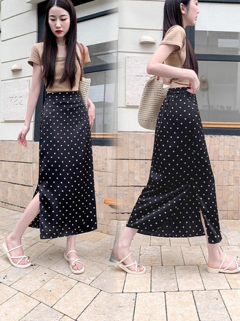 Γυναικεία φούστα με πουά, ίσια γραμμή, ελαστική μέση, μεσαίου μήκους, πολυεστέρας με μικροελαστικότητα