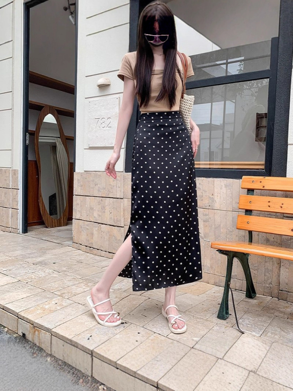 Γυναικεία φούστα με πουά, ίσια γραμμή, ελαστική μέση, μεσαίου μήκους, πολυεστέρας με μικροελαστικότητα