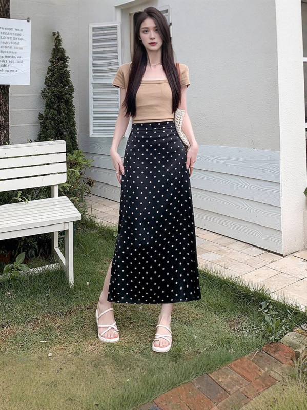 Γυναικεία φούστα με πουά, ίσια γραμμή, ελαστική μέση, μεσαίου μήκους, πολυεστέρας με μικροελαστικότητα