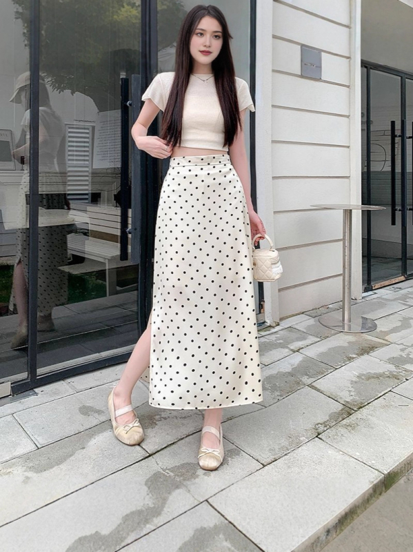 Γυναικεία φούστα με πουά, ίσια γραμμή, ελαστική μέση, μεσαίου μήκους, πολυεστέρας με μικροελαστικότητα