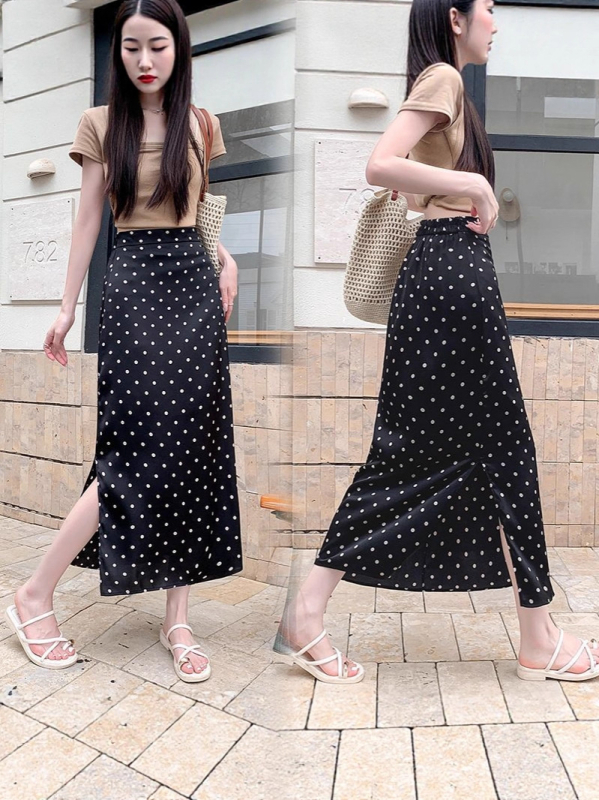 Γυναικεία φούστα με πουά, ίσια γραμμή, ελαστική μέση, μεσαίου μήκους, πολυεστέρας με μικροελαστικότητα