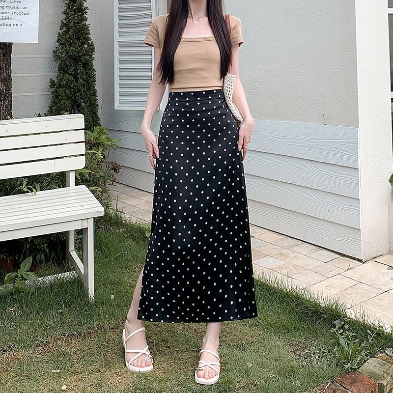 Γυναικεία φούστα με πουά, ίσια γραμμή, ελαστική μέση, μεσαίου μήκους, πολυεστέρας με μικροελαστικότητα