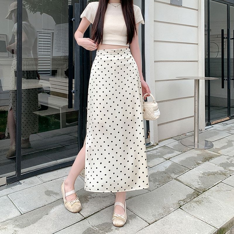 Γυναικεία φούστα με πουά, ίσια γραμμή, ελαστική μέση, μεσαίου μήκους, πολυεστέρας με μικροελαστικότητα