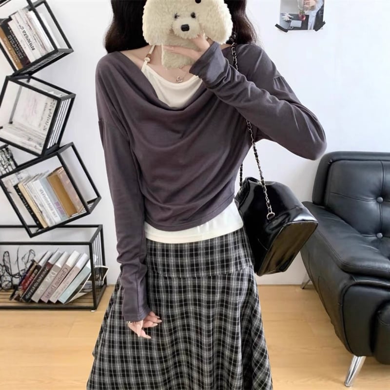 Plus-size color-block faux dvodijelni set: T-shirt s dugim rukavima i blazer-suknja u kariranom uzorku, visokim strukom, od poliestera i pamuka (70–80% poliestera, 30–50% pamuka)