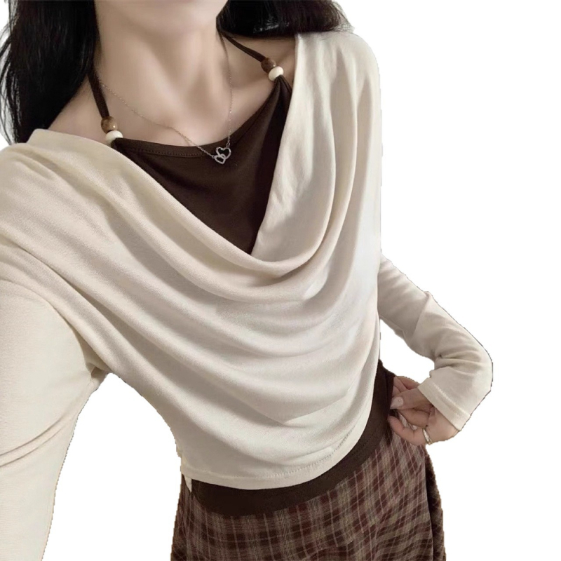 Plus-size color-block faux dvodijelni set: T-shirt s dugim rukavima i blazer-suknja u kariranom uzorku, visokim strukom, od poliestera i pamuka (70–80% poliestera, 30–50% pamuka)