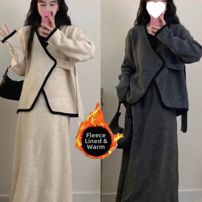 Set two-piece fustă-top cu top neregulat, țesătură chenille, spandex 30–50%, mâneci cu formă de corn