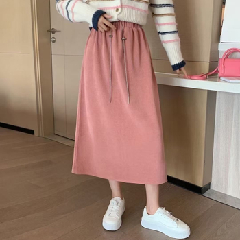 Midi suknja s visokim strukom, velur efekt, elastčna, jesensko-zimski stil, kruškolikog siluete, casual stil