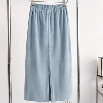 Midi suknja s visokim strukom, velur efekt, elastčna, jesensko-zimski stil, kruškolikog siluete, casual stil