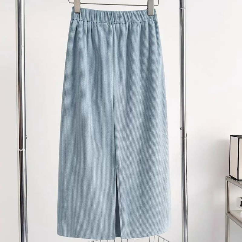 Midi suknja s visokim strukom, velur efekt, elastčna, jesensko-zimski stil, kruškolikog siluete, casual stil