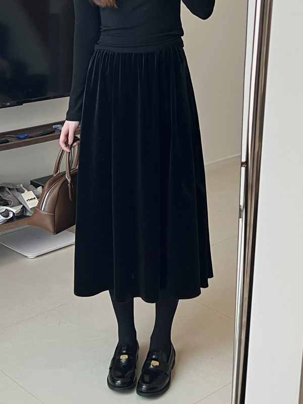 Velveto midi sijonas su aukštu juosmeniu, vienos spalvos, poliesterio audinys, vidutinio ilgio