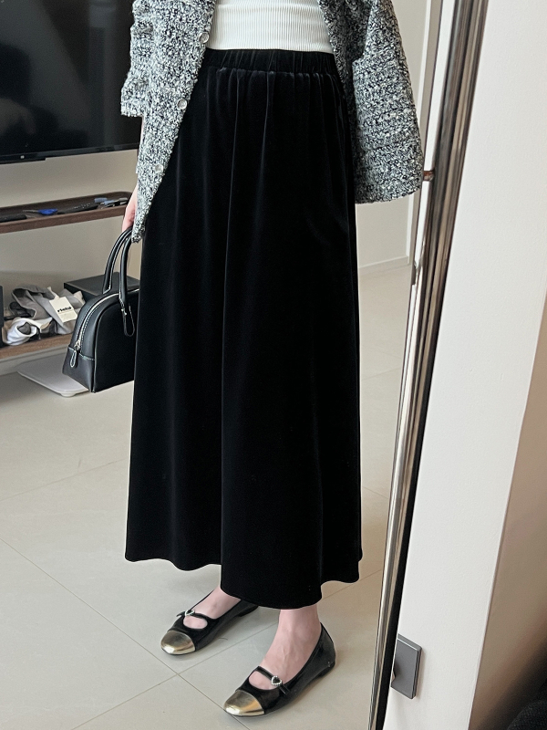 Velveto midi sijonas su aukštu juosmeniu, vienos spalvos, poliesterio audinys, vidutinio ilgio