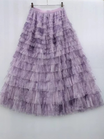 Tie-dye tinklinė pūkuota sijonas, vidutinio ilgio, aukštas juosmuo, A linija