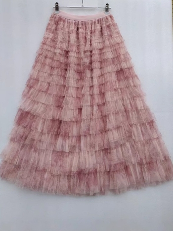 Tie-dye tinklinė pūkuota sijonas, vidutinio ilgio, aukštas juosmuo, A linija