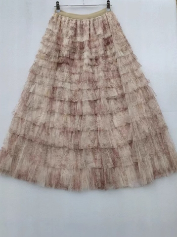 Tie-dye tinklinė pūkuota sijonas, vidutinio ilgio, aukštas juosmuo, A linija