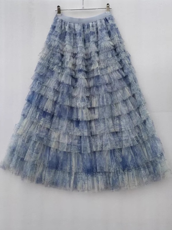 Tie-dye tinklinė pūkuota sijonas, vidutinio ilgio, aukštas juosmuo, A linija