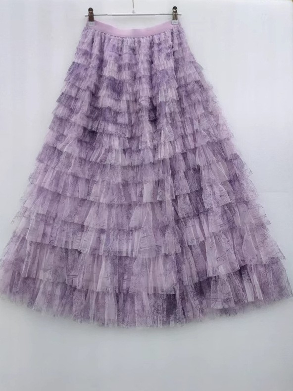 Tie-dye tinklinė pūkuota sijonas, vidutinio ilgio, aukštas juosmuo, A linija