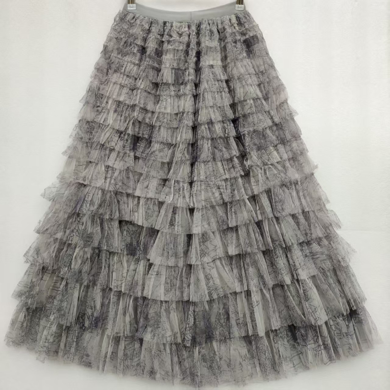 Tie-dye tinklinė pūkuota sijonas, vidutinio ilgio, aukštas juosmuo, A linija