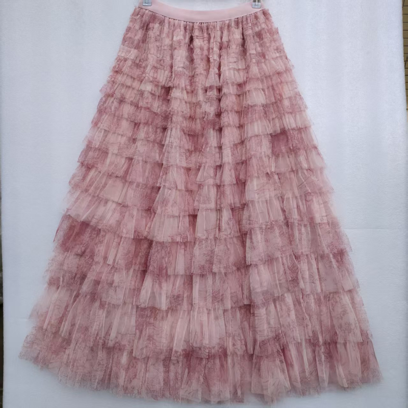 Tie-dye tinklinė pūkuota sijonas, vidutinio ilgio, aukštas juosmuo, A linija