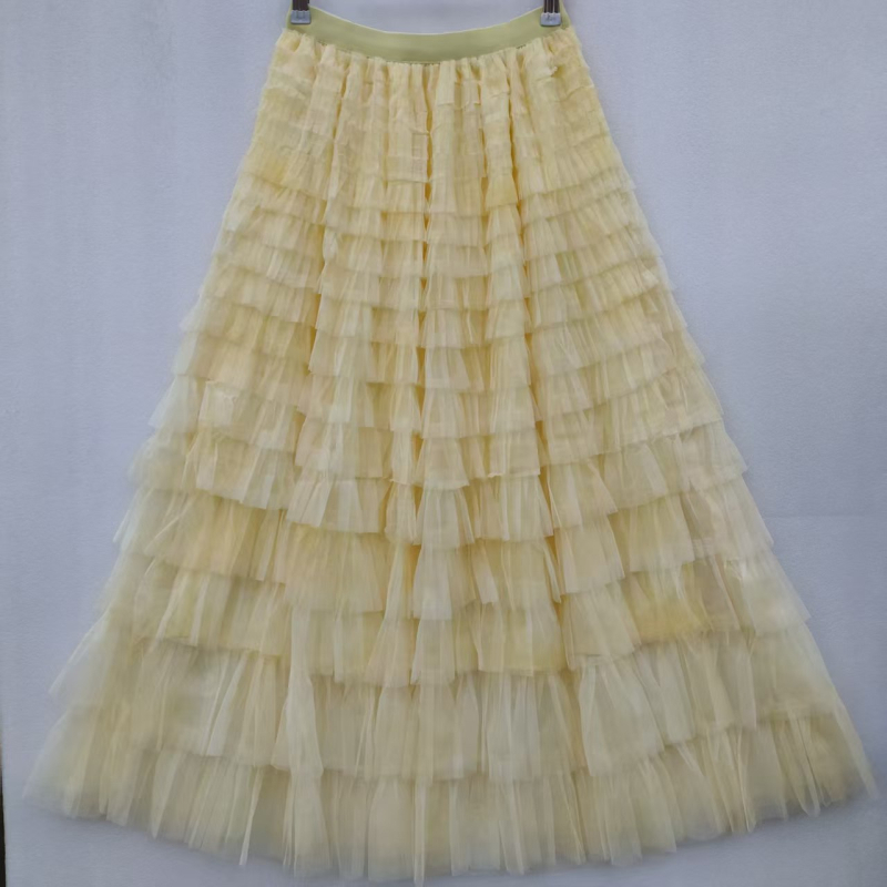 Tie-dye tinklinė pūkuota sijonas, vidutinio ilgio, aukštas juosmuo, A linija