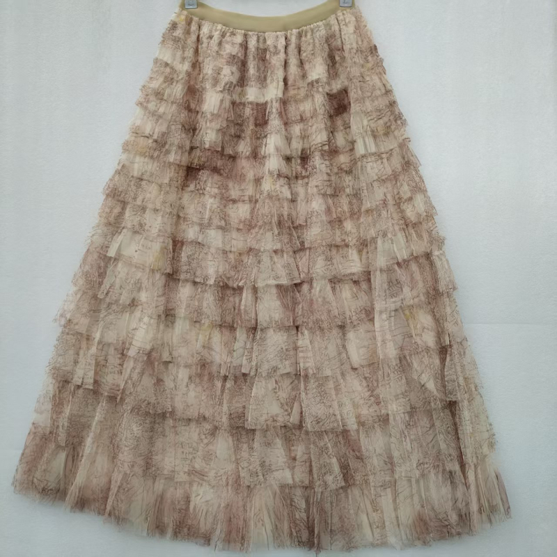 Tie-dye tinklinė pūkuota sijonas, vidutinio ilgio, aukštas juosmuo, A linija