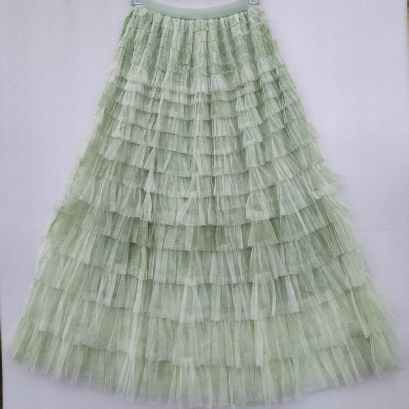 Tie-dye tinklinė pūkuota sijonas, vidutinio ilgio, aukštas juosmuo, A linija