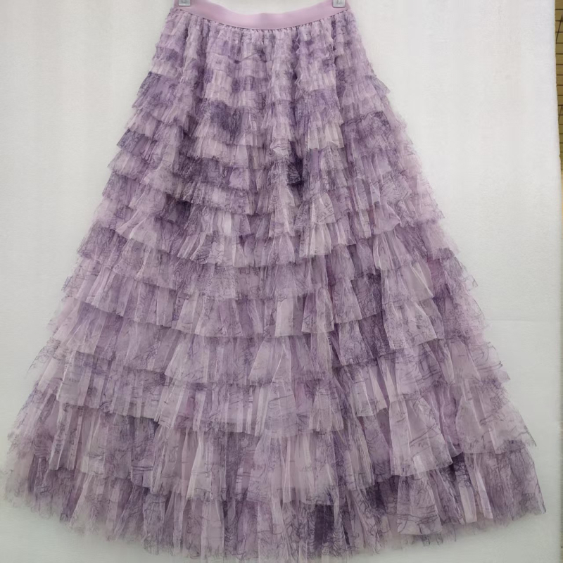 Tie-dye tinklinė pūkuota sijonas, vidutinio ilgio, aukštas juosmuo, A linija