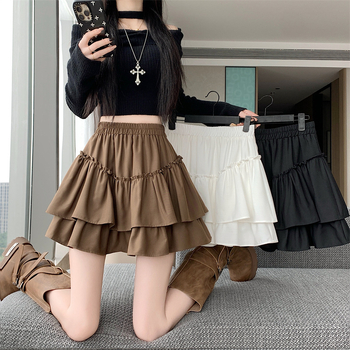 Vienos spalvos A linijos sijonas, medvilnės mišinio audinys, paneliniai siūlės ir klostės, 2025 metų žiema, gaivus ir švelnus stilius