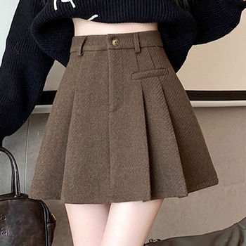 A linijos vilnonė klostuota trumpa sijonė, aukštas liemuo, be lyginimo, pavasaris 2025