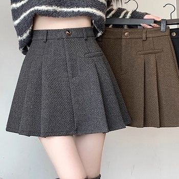 A linijos vilnonė klostuota trumpa sijonė, aukštas liemuo, be lyginimo, pavasaris 2025